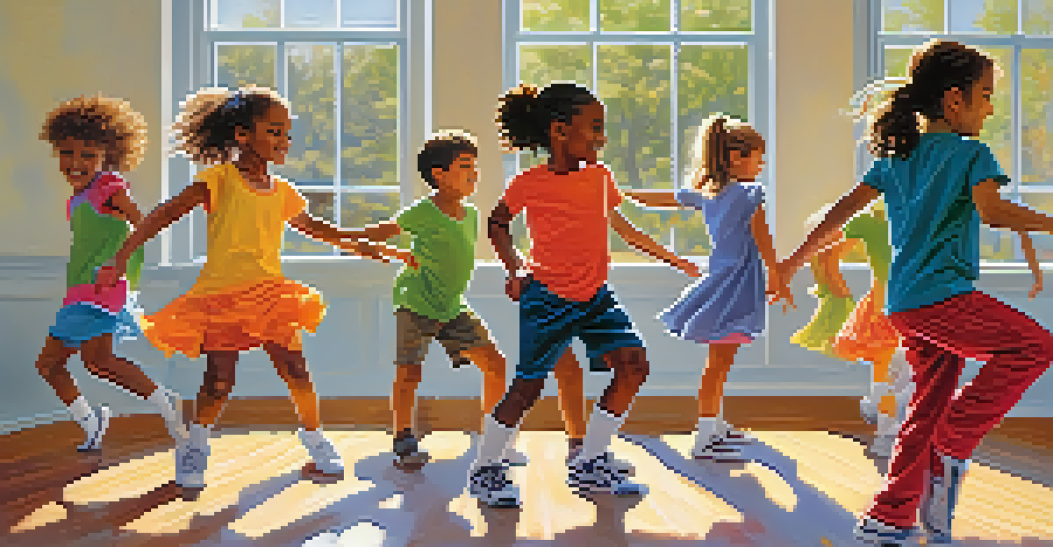 A group of diverse children practicing dance in a bright studio, with mirrors reflecting their movements and colorful outfits.