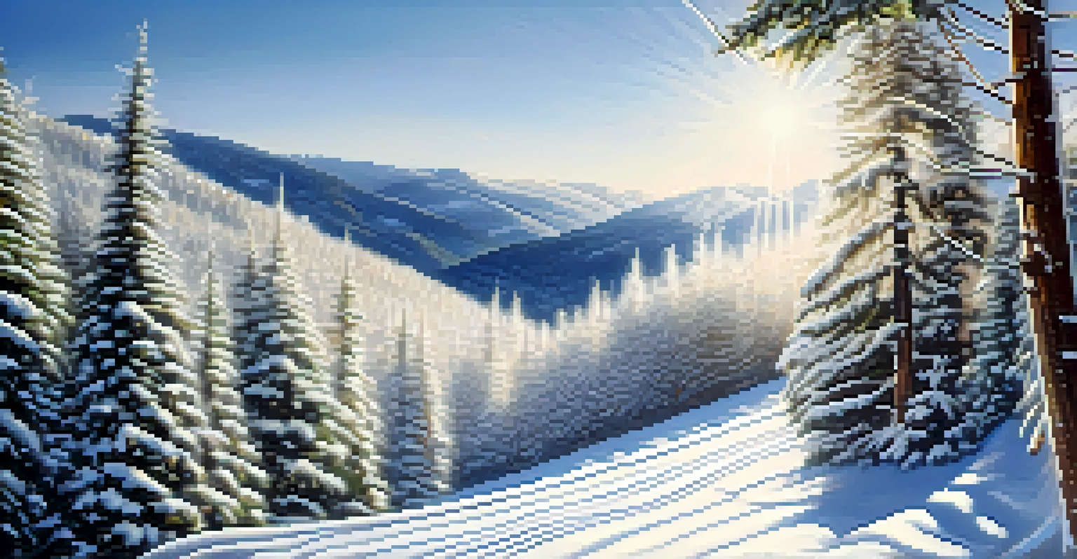 Close-up of fresh powder snow with sparkling sunlight and ski tracks in the background.
