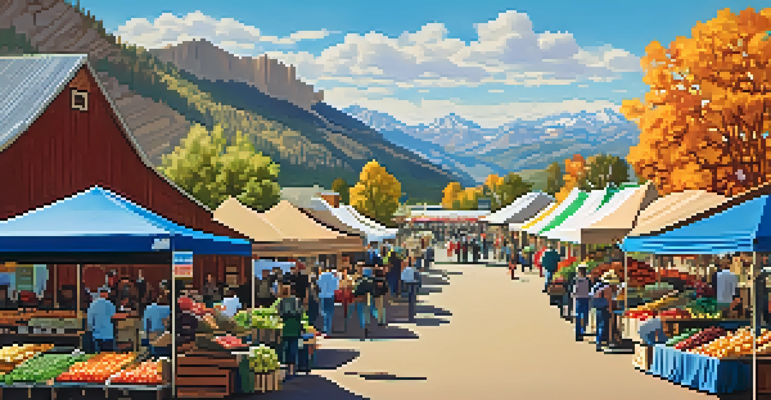 A lively farmer's market in Colorado with colorful stalls and visitors enjoying local produce and crafts against a beautiful landscape.