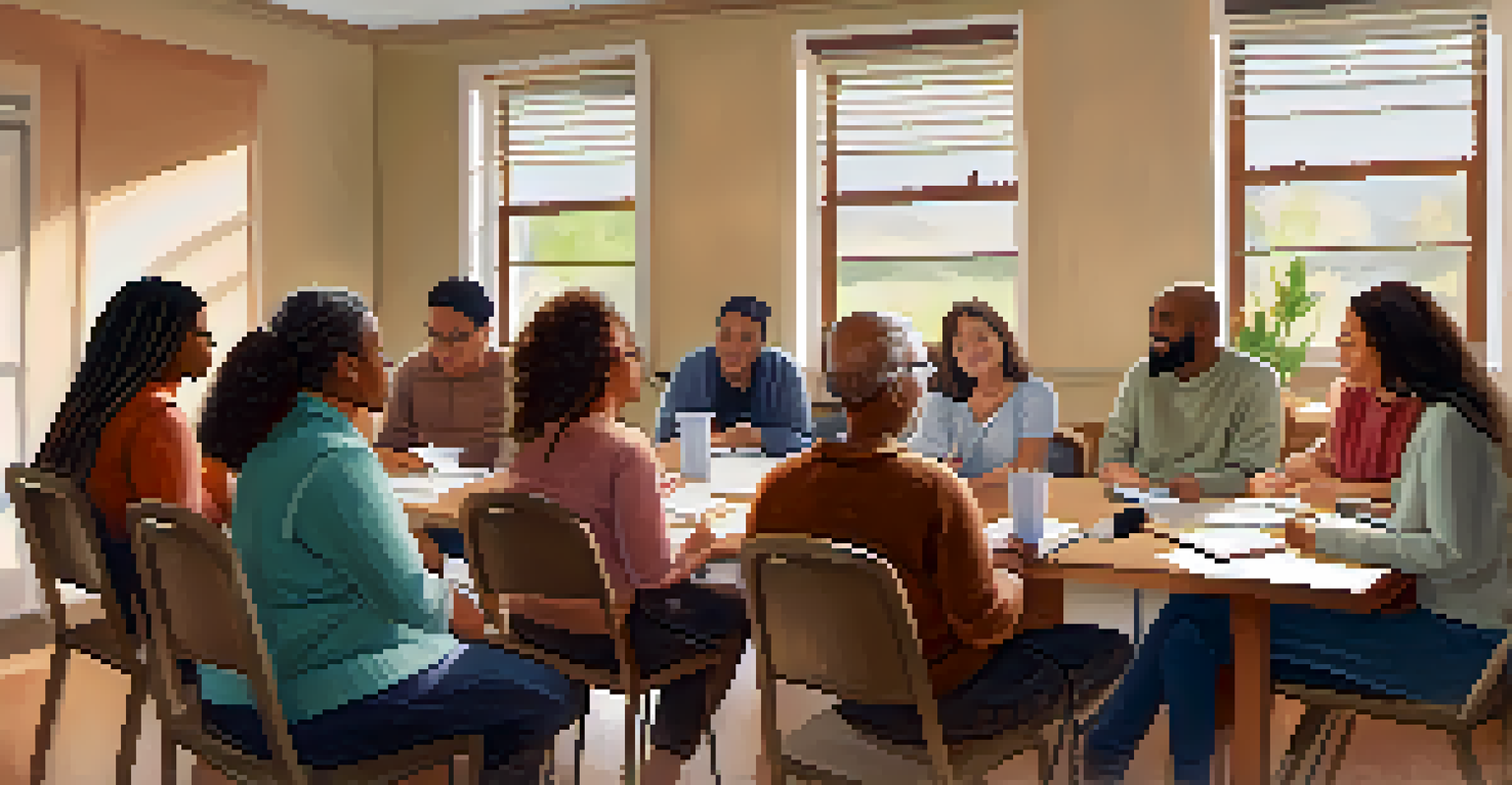 A diverse group of individuals engaged in a community mental health workshop, sharing experiences in a warm, cozy environment.