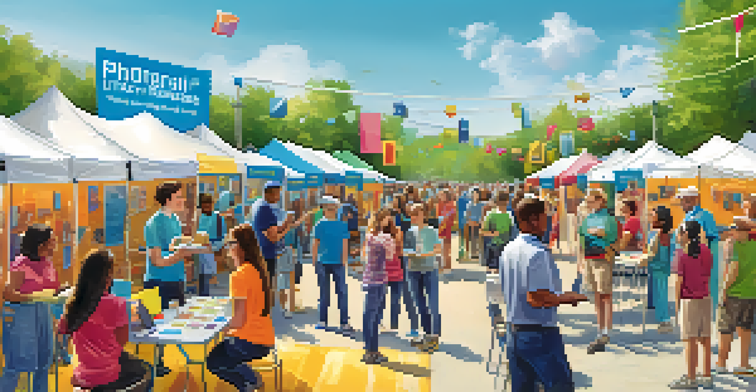 A lively community event focused on digital literacy with booths and volunteers helping attendees engage with technology outdoors on a sunny day.