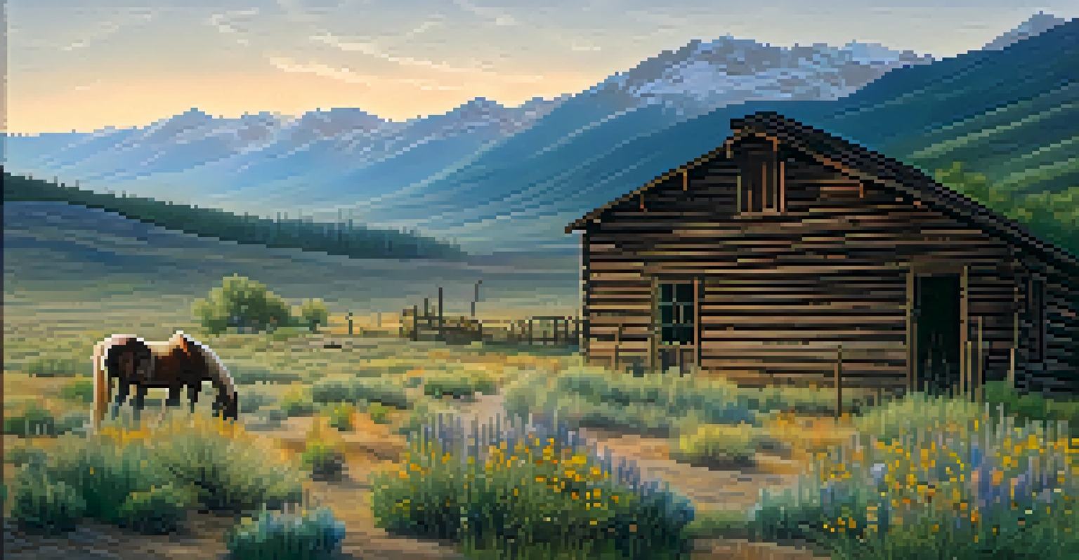 A quiet ghost town in Colorado with old buildings, wildflowers, and mountains in the background during dusk.