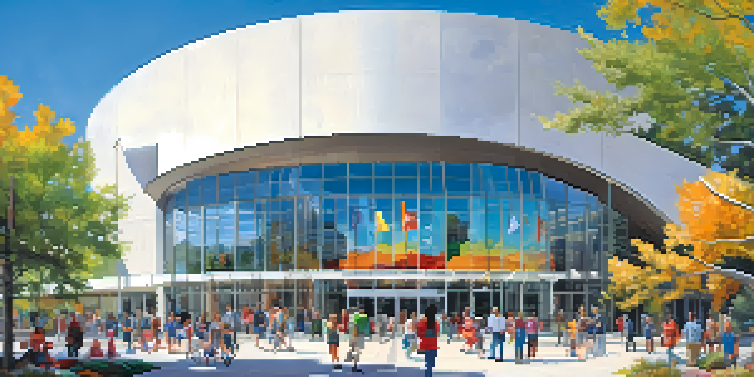A panoramic view of the Denver Museum of Nature & Science with families exploring exhibits, modern architecture, and a clear blue sky.