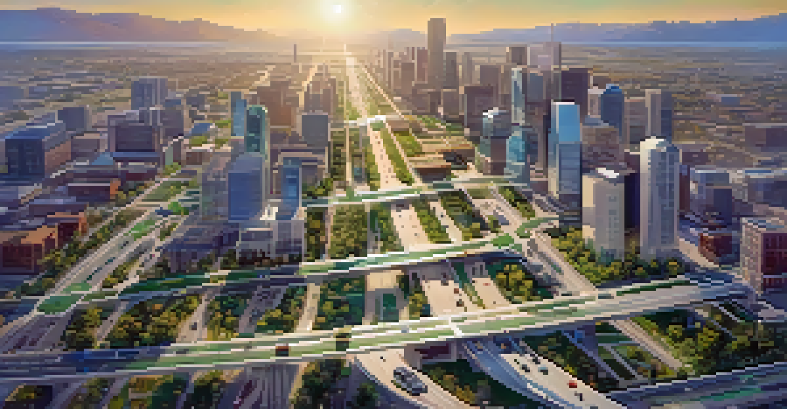 An aerial view of a smart city in Colorado with roads, electric vehicles, bike lanes, and green spaces.