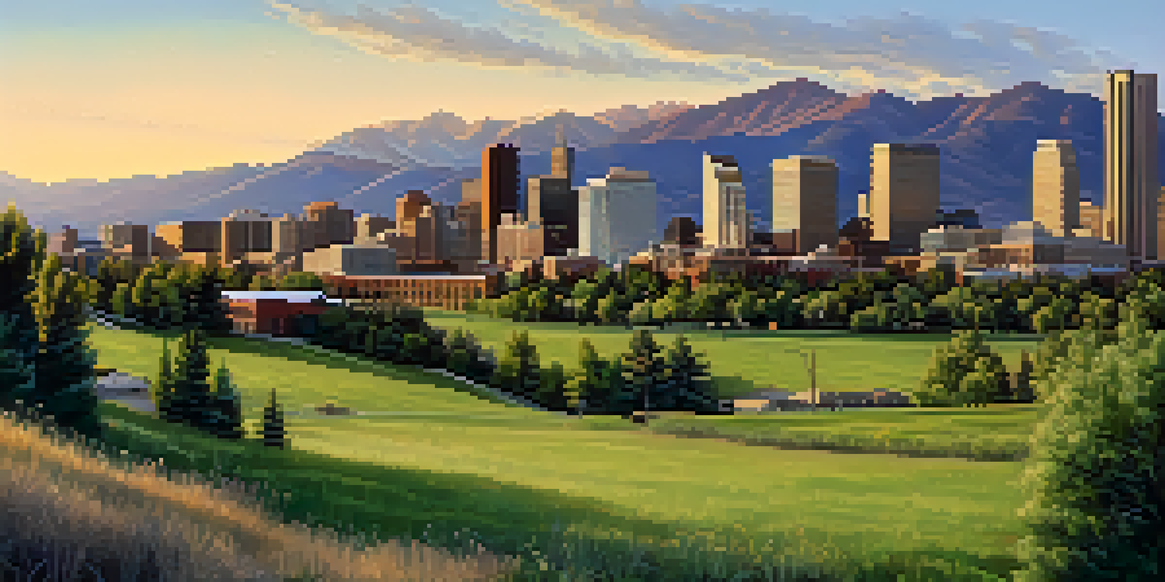 A panoramic view of Denver's skyline with the Rocky Mountains in the background during sunset, featuring green parks and people outdoors.