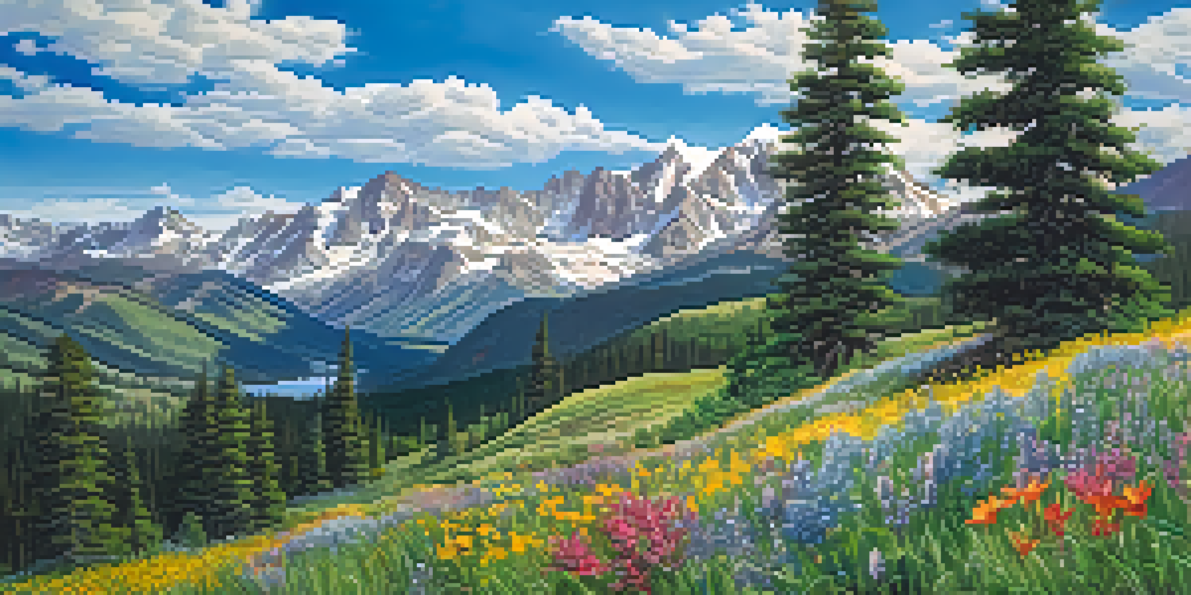A scenic view of Colorado mountains with colorful wildflowers in the foreground and a clear blue sky.