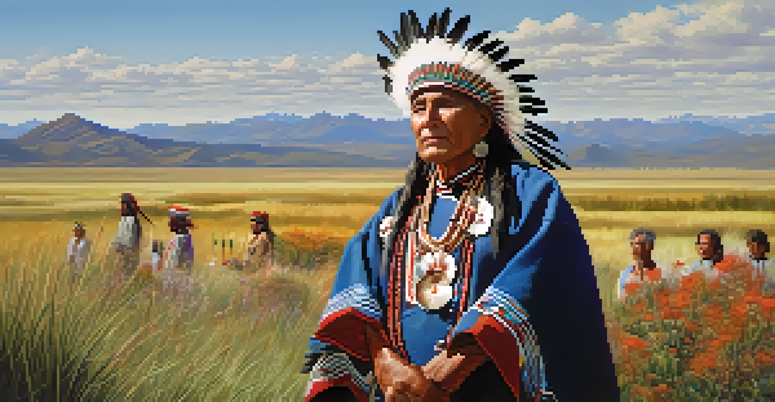 An Indigenous elder leading a traditional ceremony in a natural environment surrounded by wildflowers.