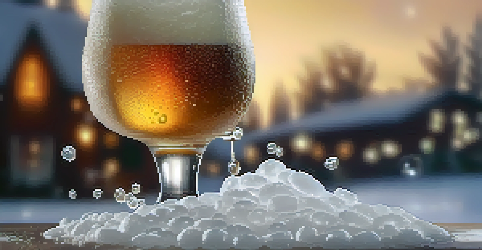 A close-up of a craft beer being poured into a frosty glass, with bubbles and a creamy head, set against a blurred background of hops and malt.