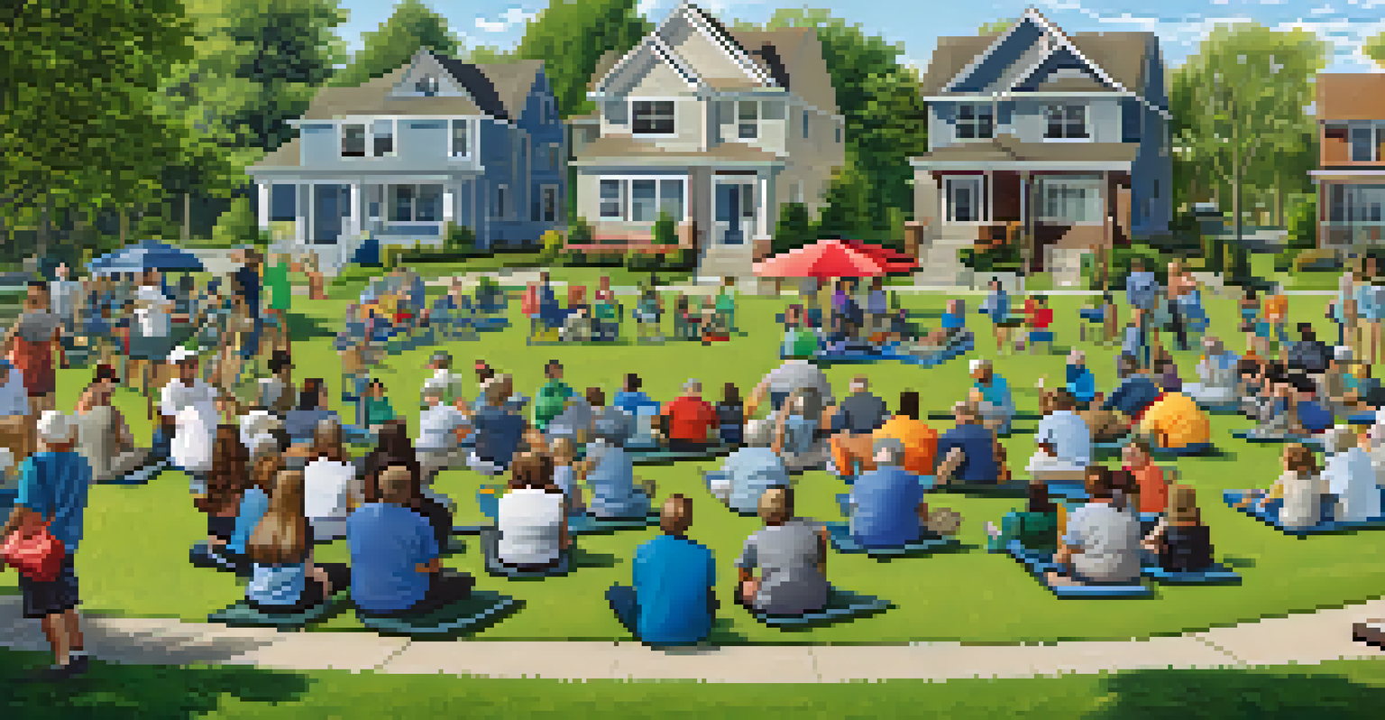 Residents of different ages participating in an outdoor disaster awareness training session in a suburban park, with activities and a bright, sunny sky overhead.