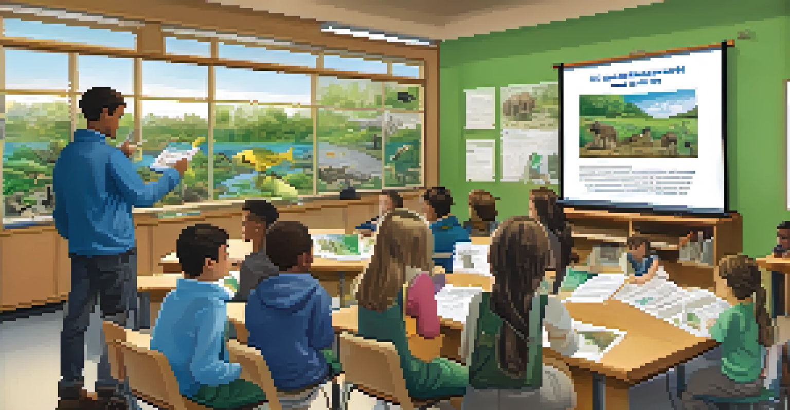 Students in a classroom learning about wildlife conservation from a biologist, with educational posters in the background.