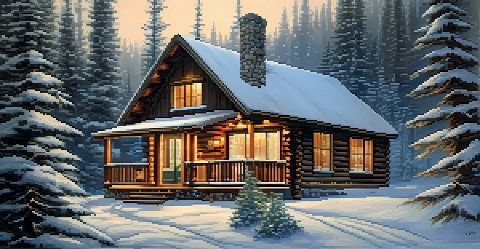 A cozy cabin in the snowy woods of Colorado with warm light and falling snowflakes.