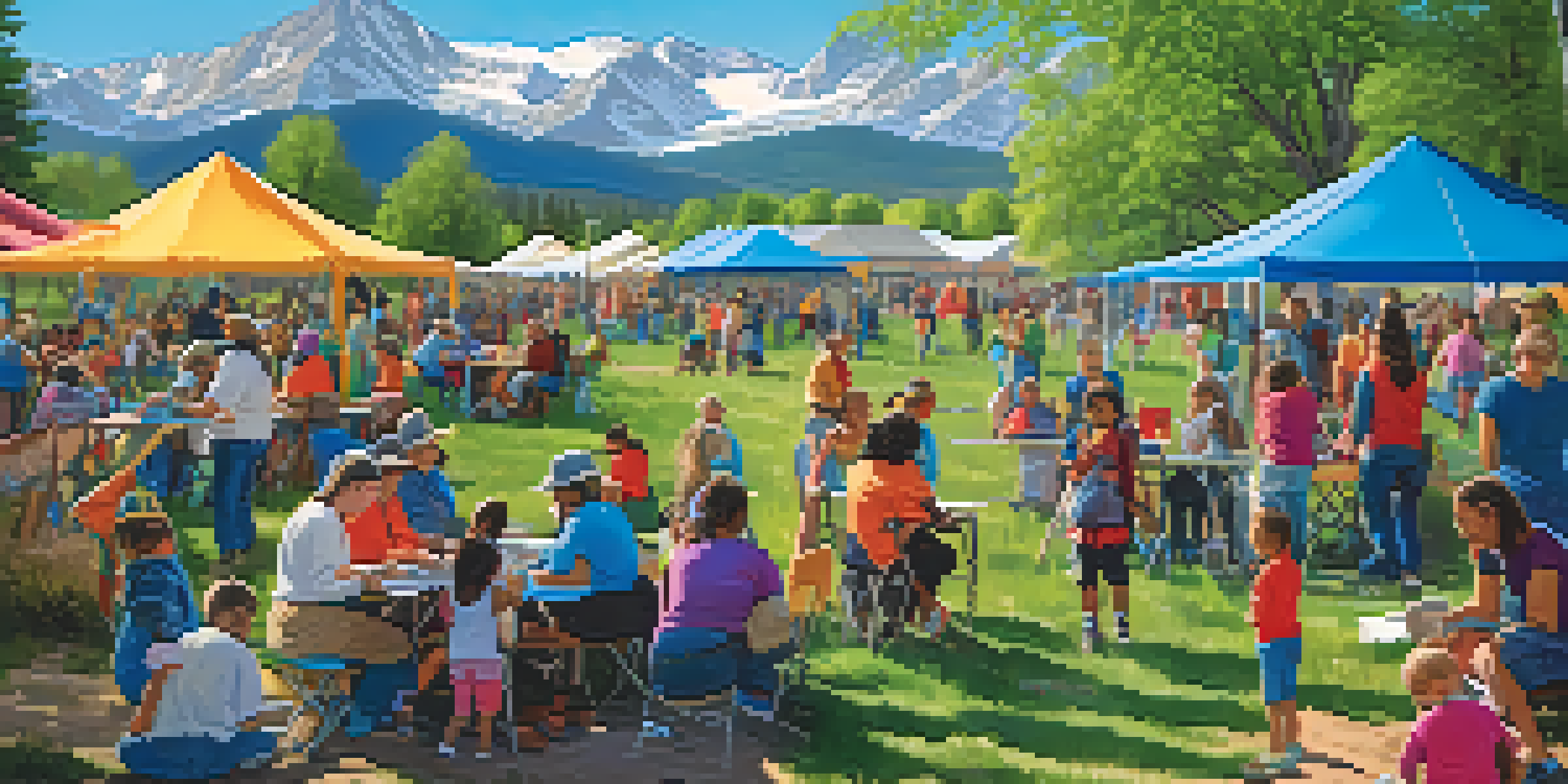 A diverse group of volunteers working together in a park in Colorado, with the Rocky Mountains in the background.