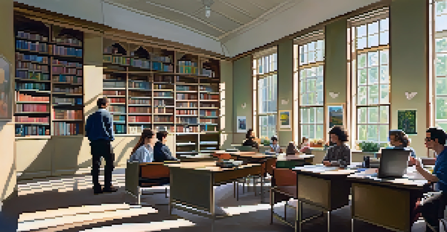 A small classroom with students discussing with a professor, surrounded by bookshelves and natural light.