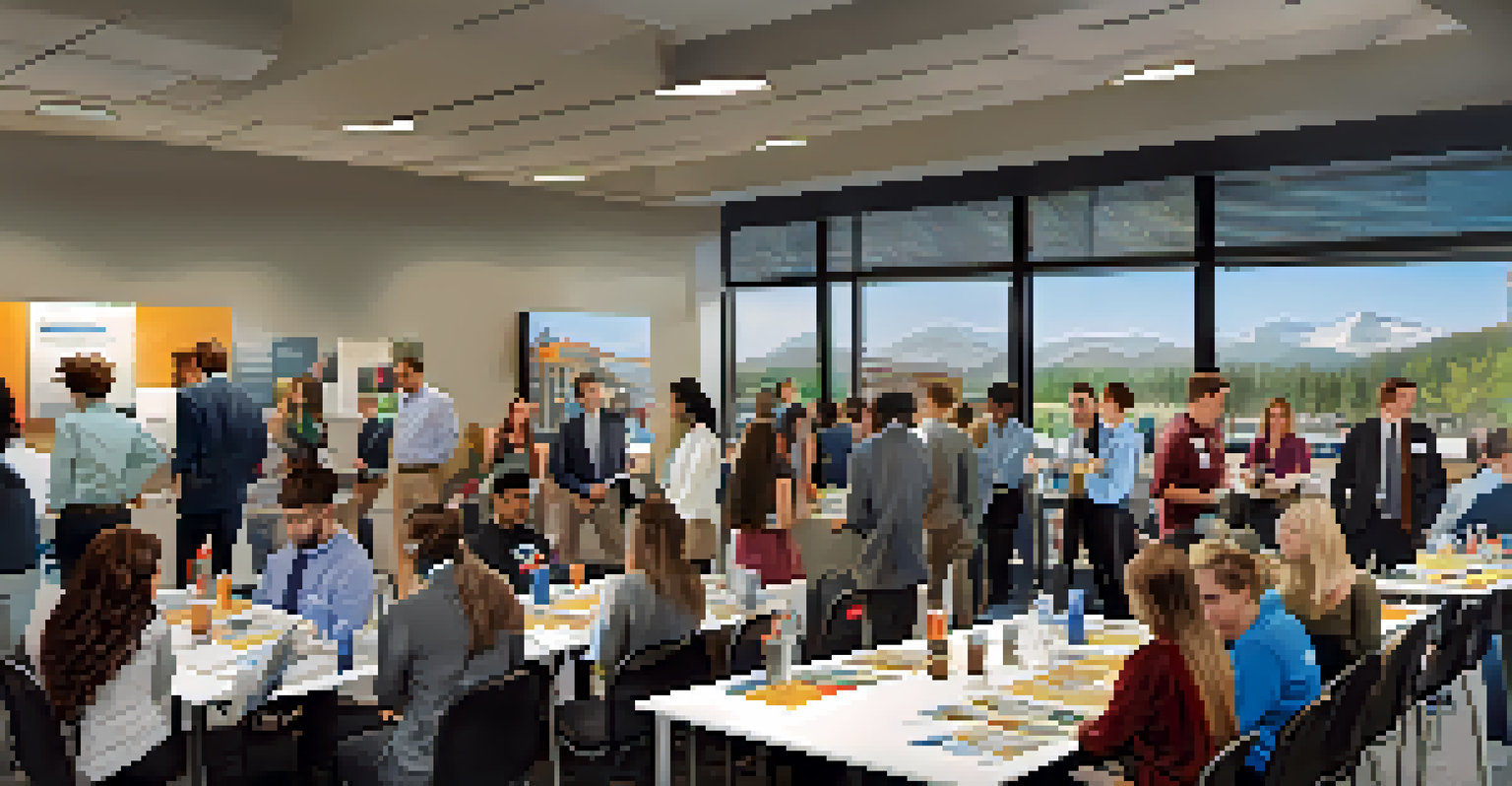 Students networking with industry professionals at an event in a community college.