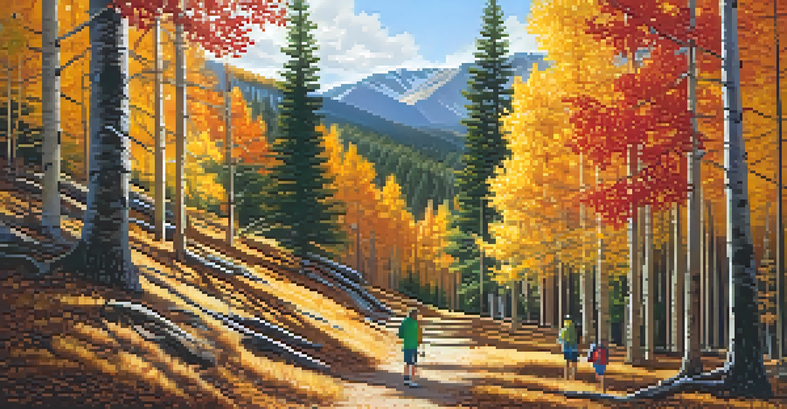 A colorful autumn forest in Colorado with pine trees and a family hiking along a scenic trail.