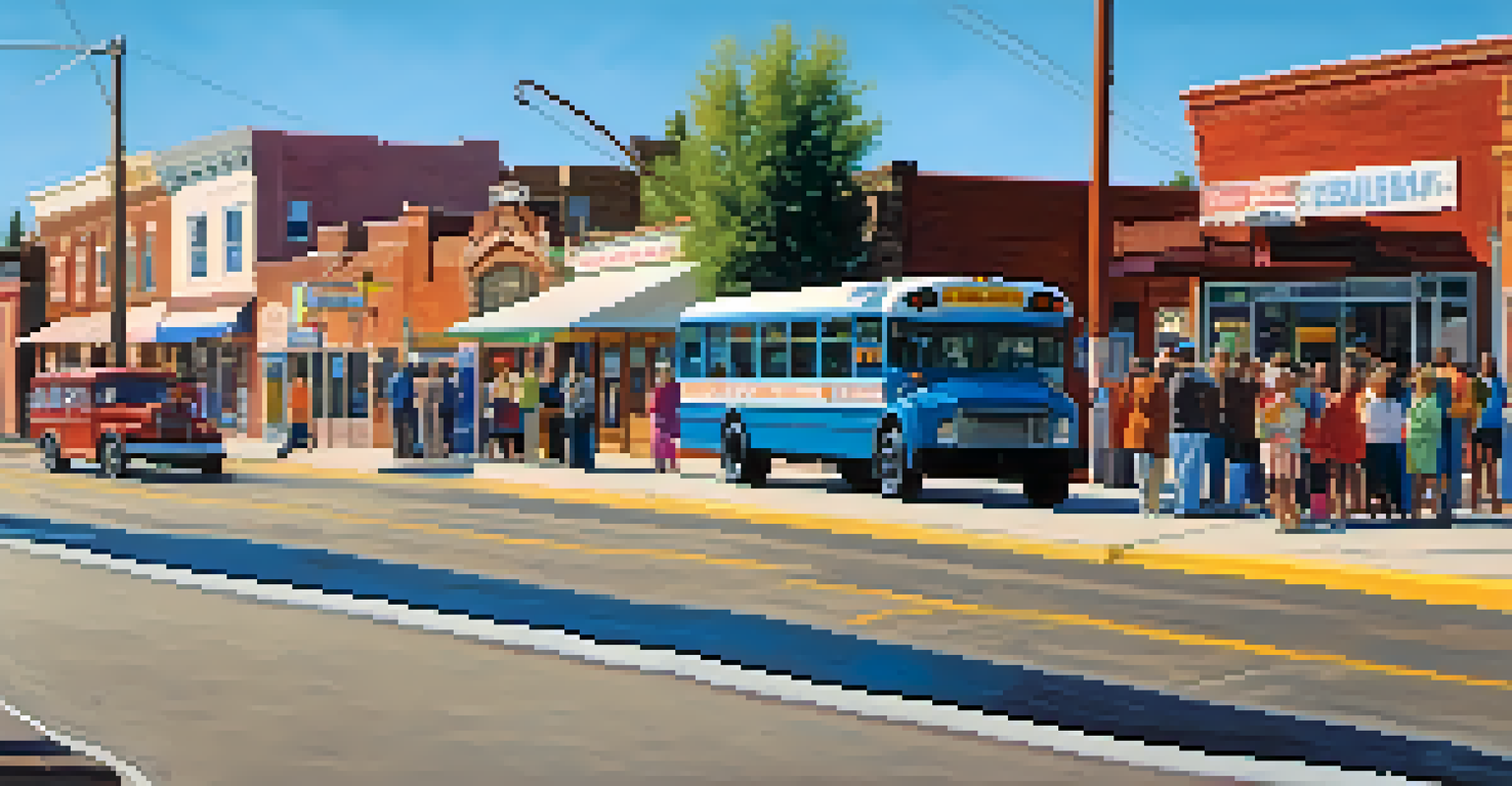 A diverse group of people waiting at a bus stop, with a bus approaching and shops in the background.