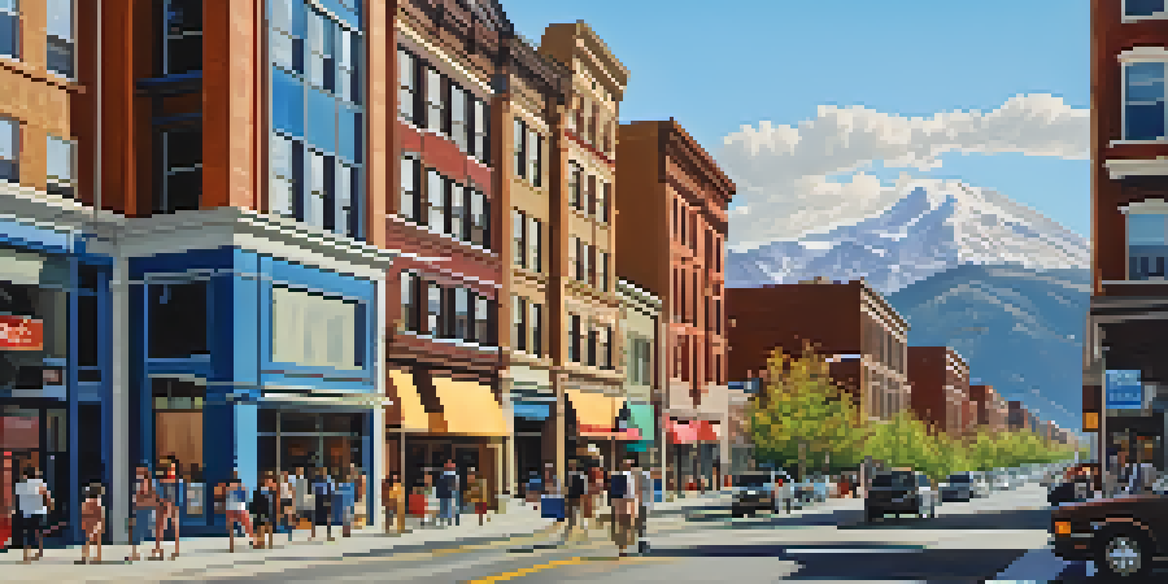 A busy Colorado street with diverse renters, modern buildings, and the Rocky Mountains in the background.