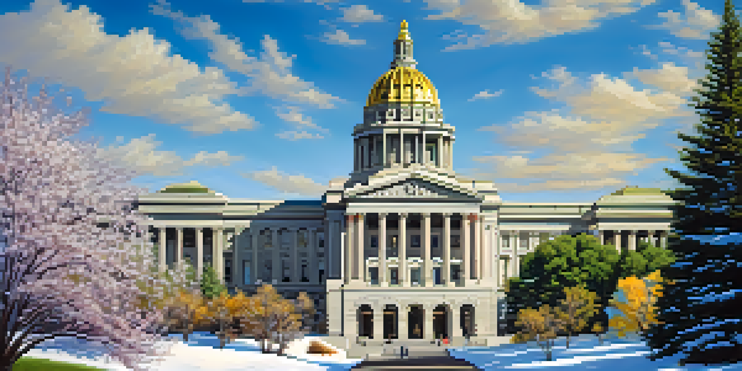 A wide-angle view of the Colorado State Capitol building with flowers in the foreground and the Rocky Mountains in the background under a clear blue sky.