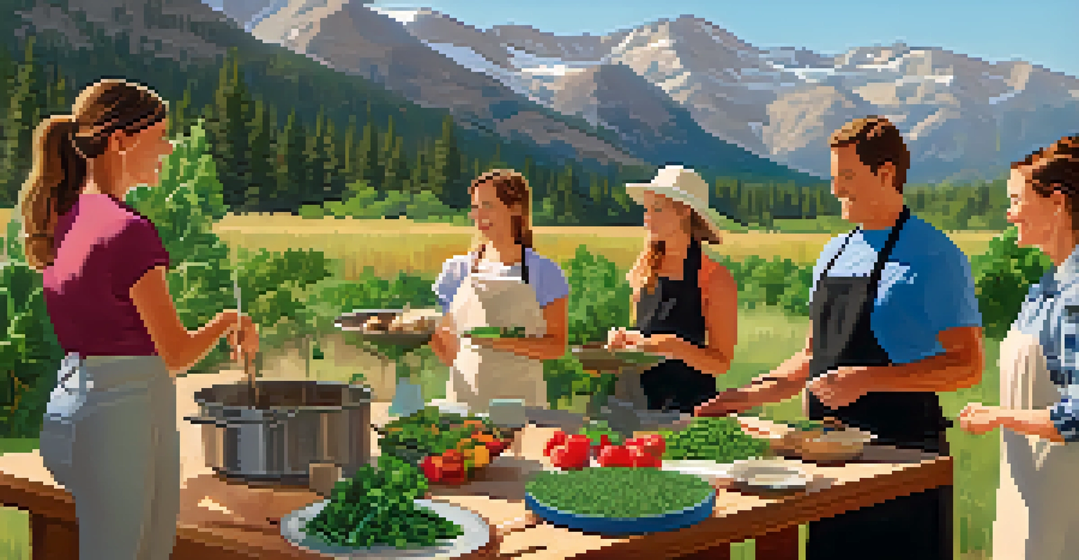 Participants in an outdoor cooking class in Colorado preparing meals with fresh superfoods, with a scenic mountain backdrop.