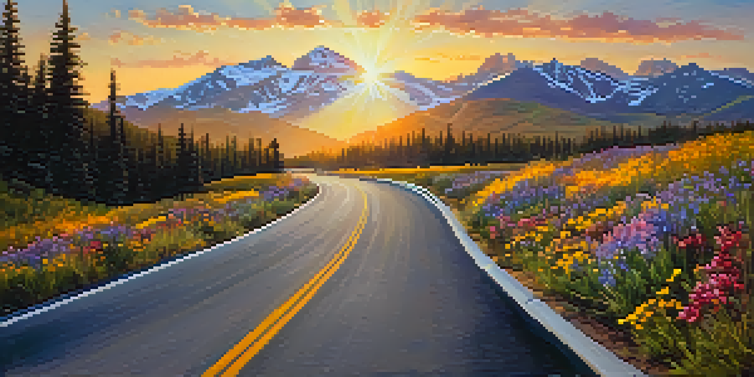 Cyclists riding on the Peak-to-Peak Highway in Colorado with Rocky Mountains in the background and colorful wildflowers along the road during sunset.