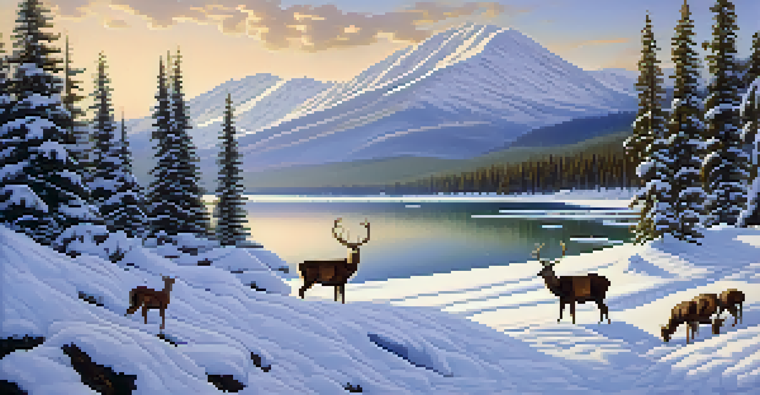 A winter landscape at Bear Lake with deer foraging in the snow, framed by snow-covered trees and distant mountains.