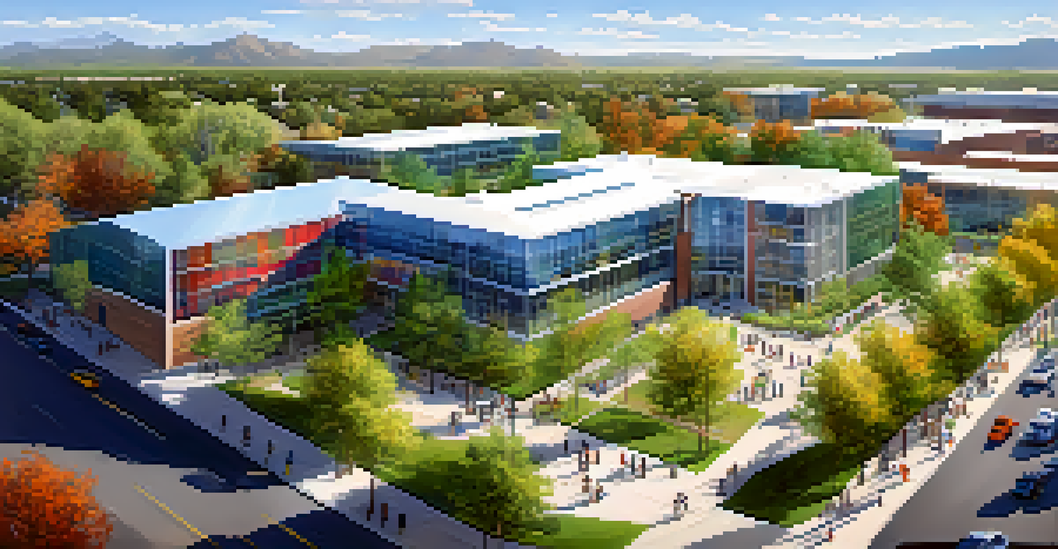 Aerial view of a modern tech campus in Boulder, Colorado, with people and bicycles in a vibrant green setting.
