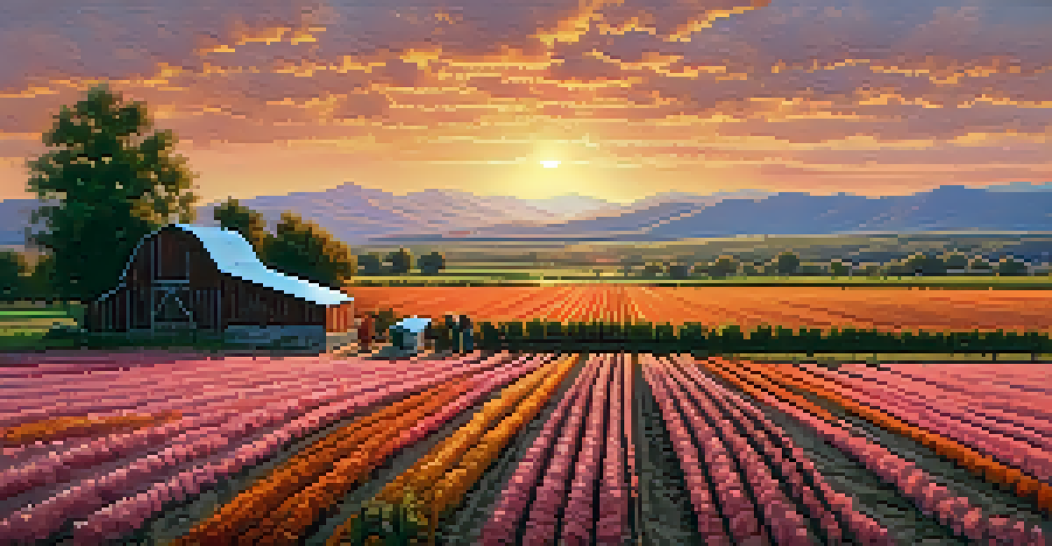 A serene sunset view of a Colorado farm with rows of crops and a farmer working, set against a colorful sky.