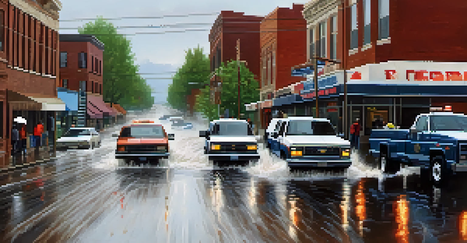 A flooded urban street in Colorado with heavy rain and people using umbrellas.