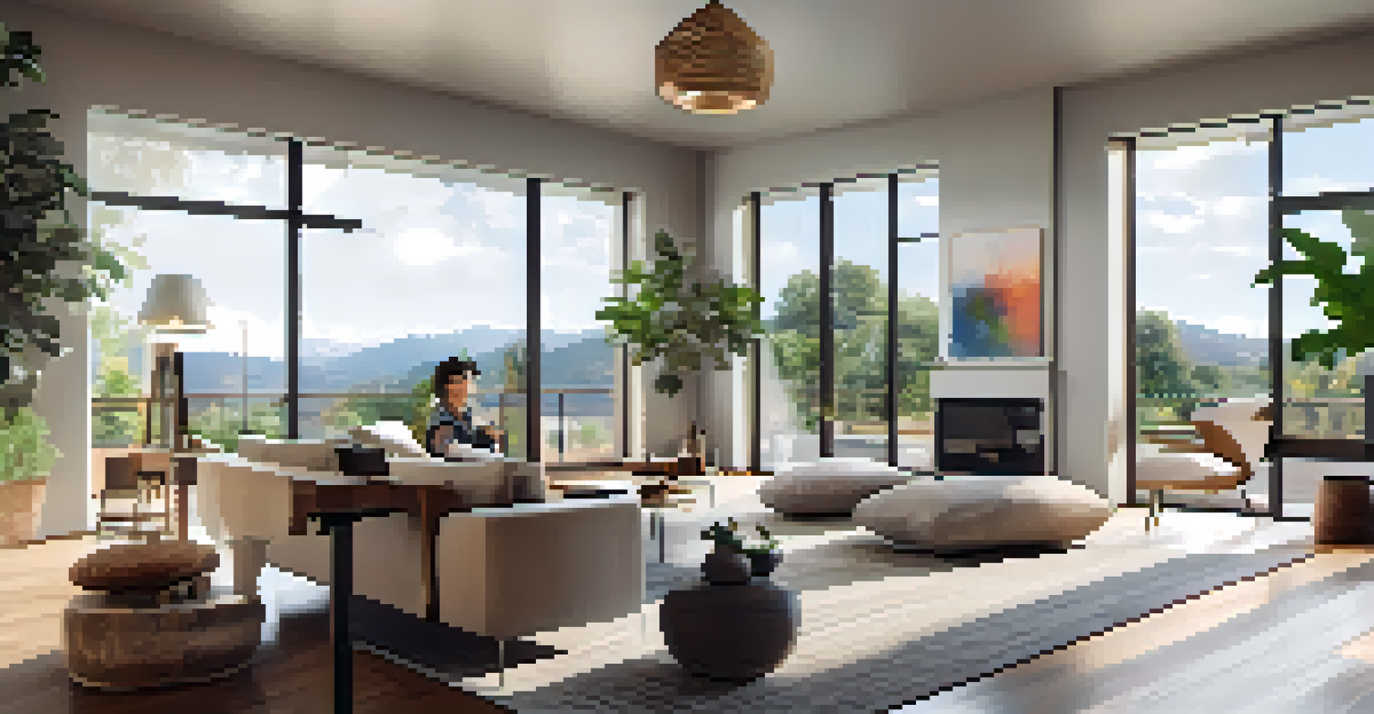 A person using virtual reality goggles to explore a stylish living room during a virtual tour.