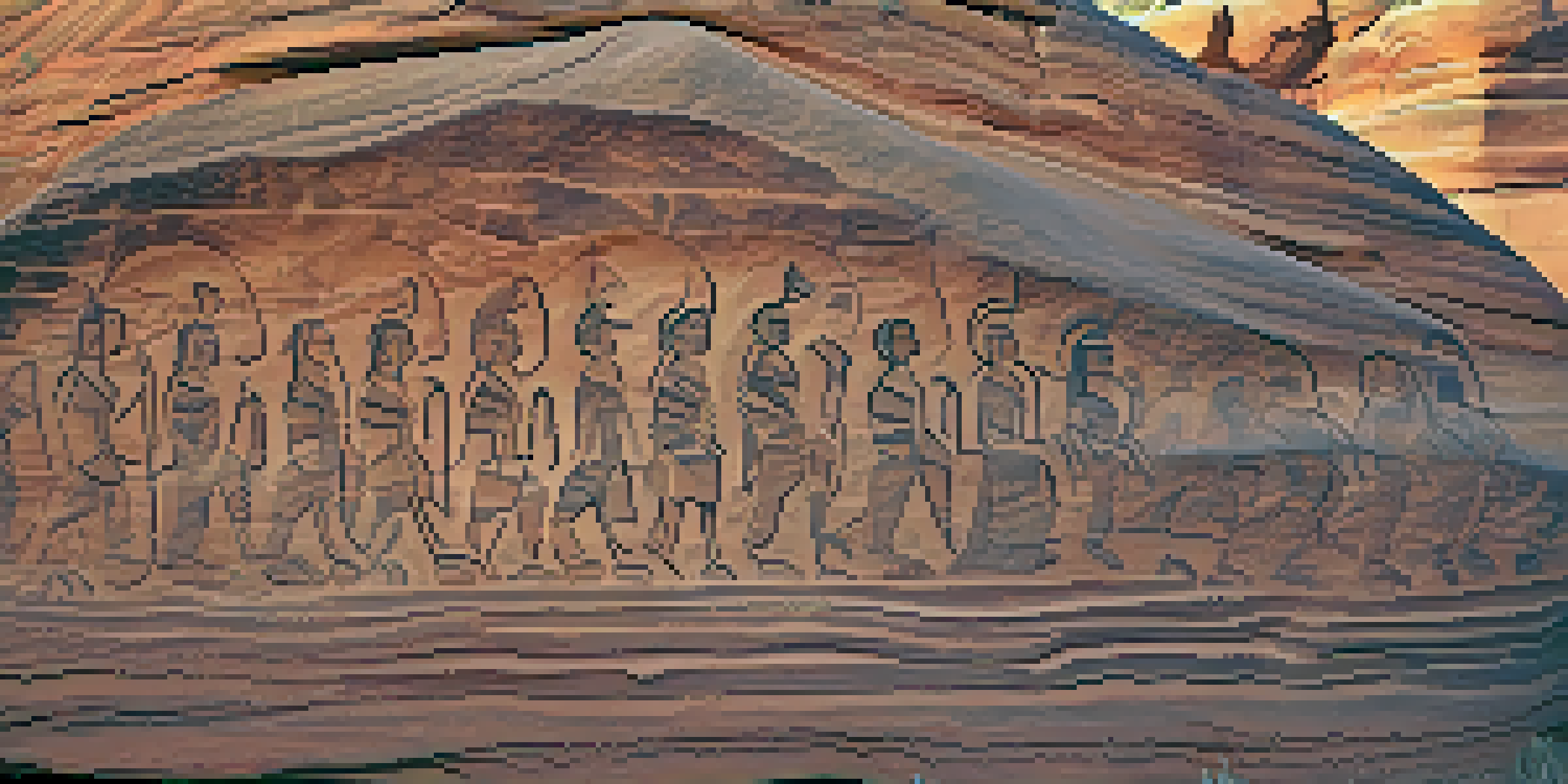 Detailed close-up of Ute Indian petroglyphs on sandstone, featuring animal figures and geometric patterns under warm afternoon light.