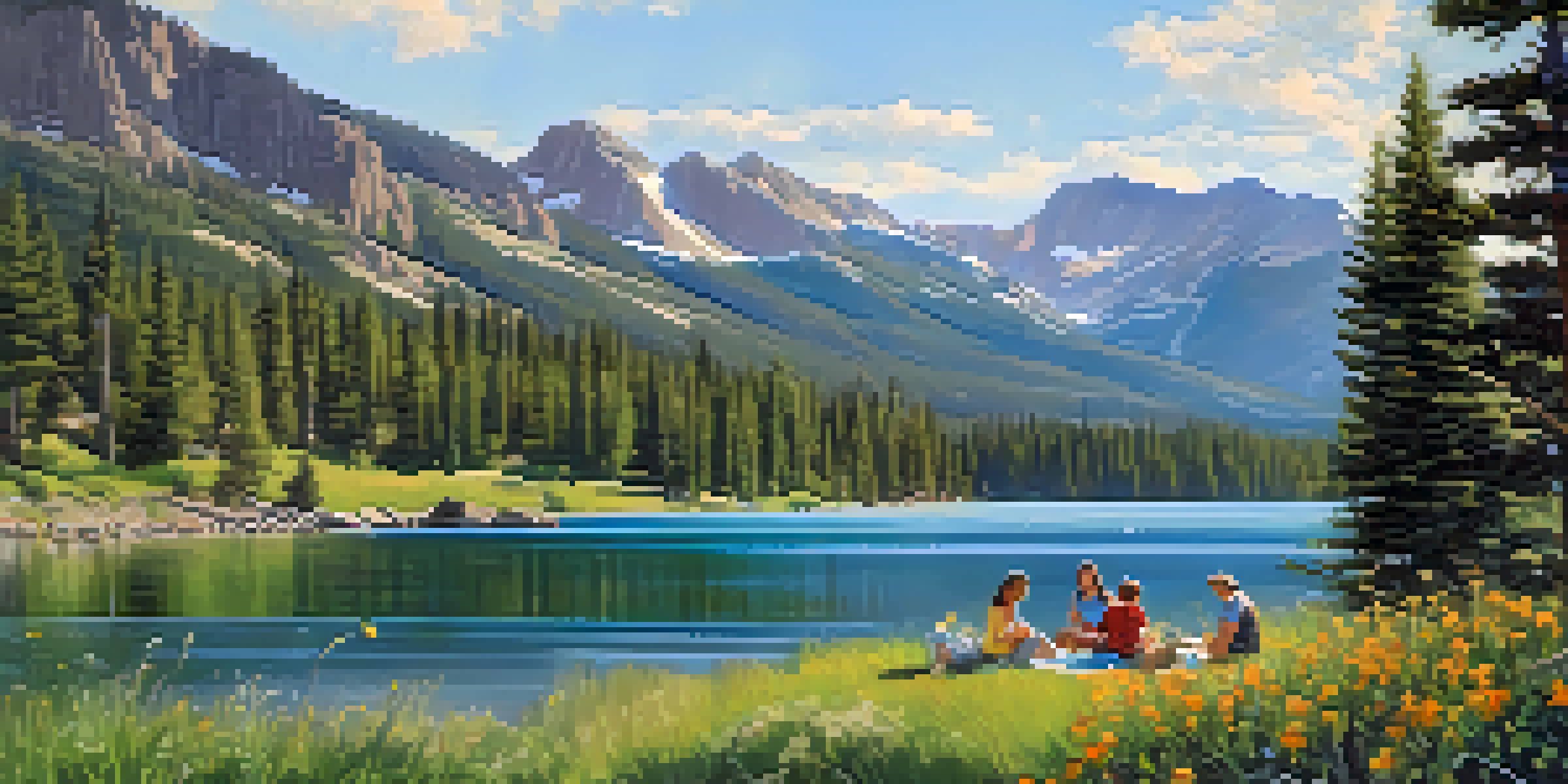 A picturesque scene of Bear Lake with a family having a picnic, colorful wildflowers, and mountains in the background.