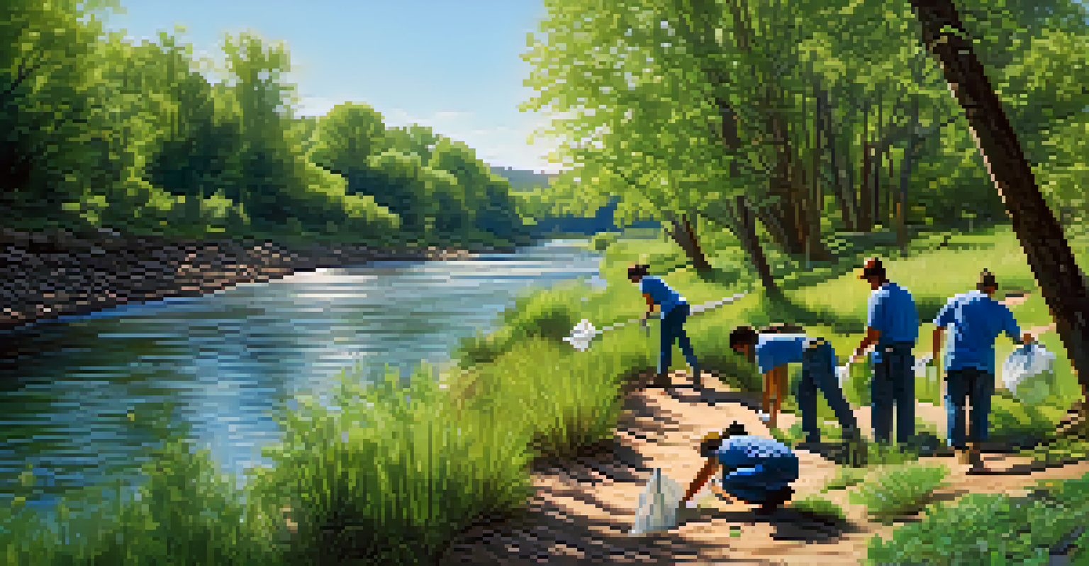 Volunteers cleaning up a riverbank in Colorado, surrounded by lush greenery and clear water.
