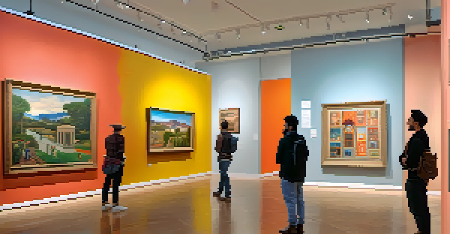 An art gallery showcasing colorful works by immigrant artists, with visitors appreciating the art in a creative atmosphere.