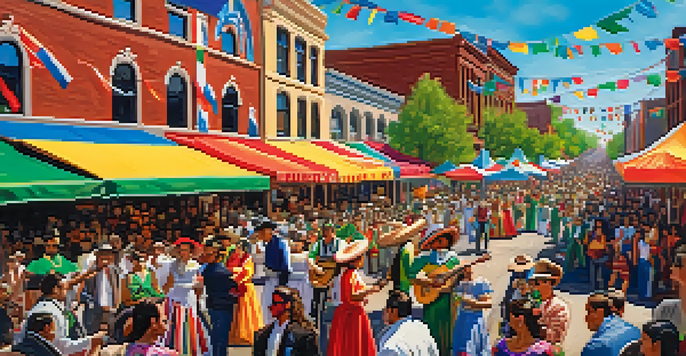 A lively street festival celebrating Cinco de Mayo with dancers, musicians, and food stalls, filled with vibrant colors and a joyful atmosphere.