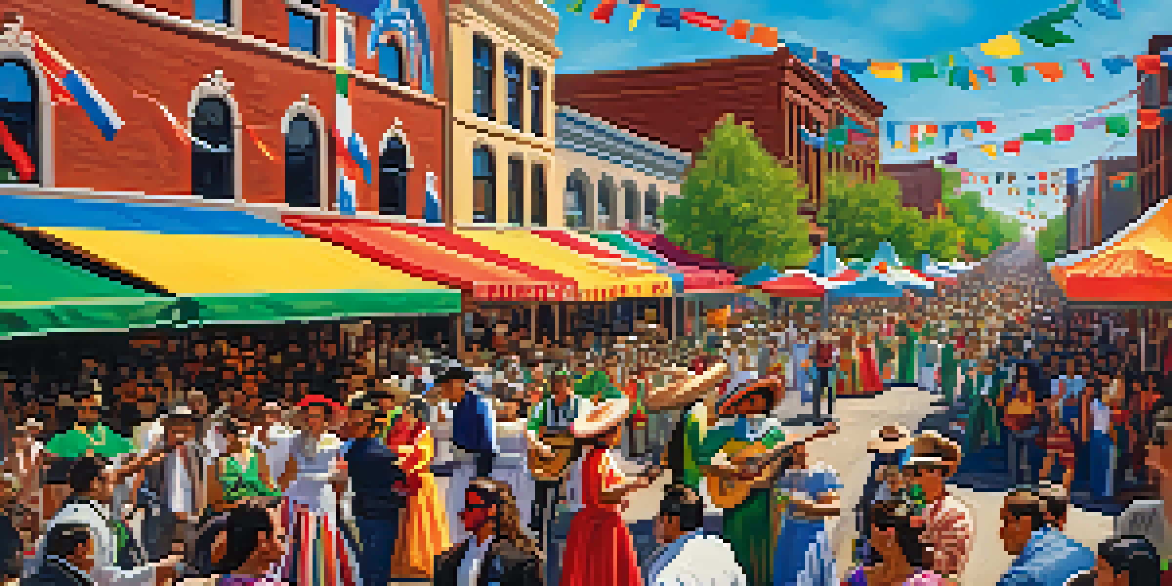 A lively street festival celebrating Cinco de Mayo with dancers, musicians, and food stalls, filled with vibrant colors and a joyful atmosphere.