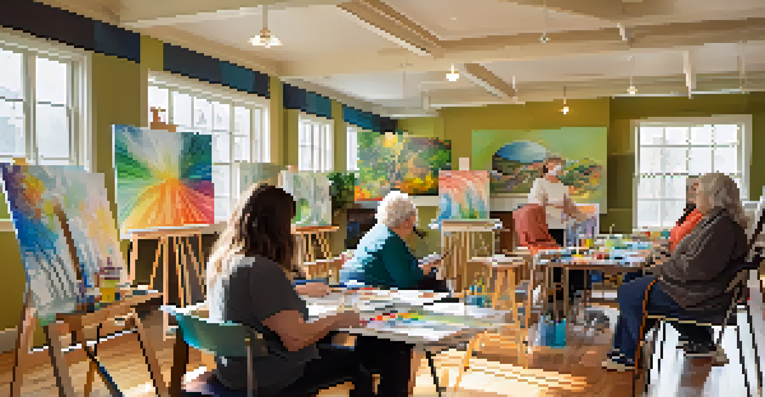 An art therapy session with individuals painting in a cozy community center filled with art supplies and natural light.