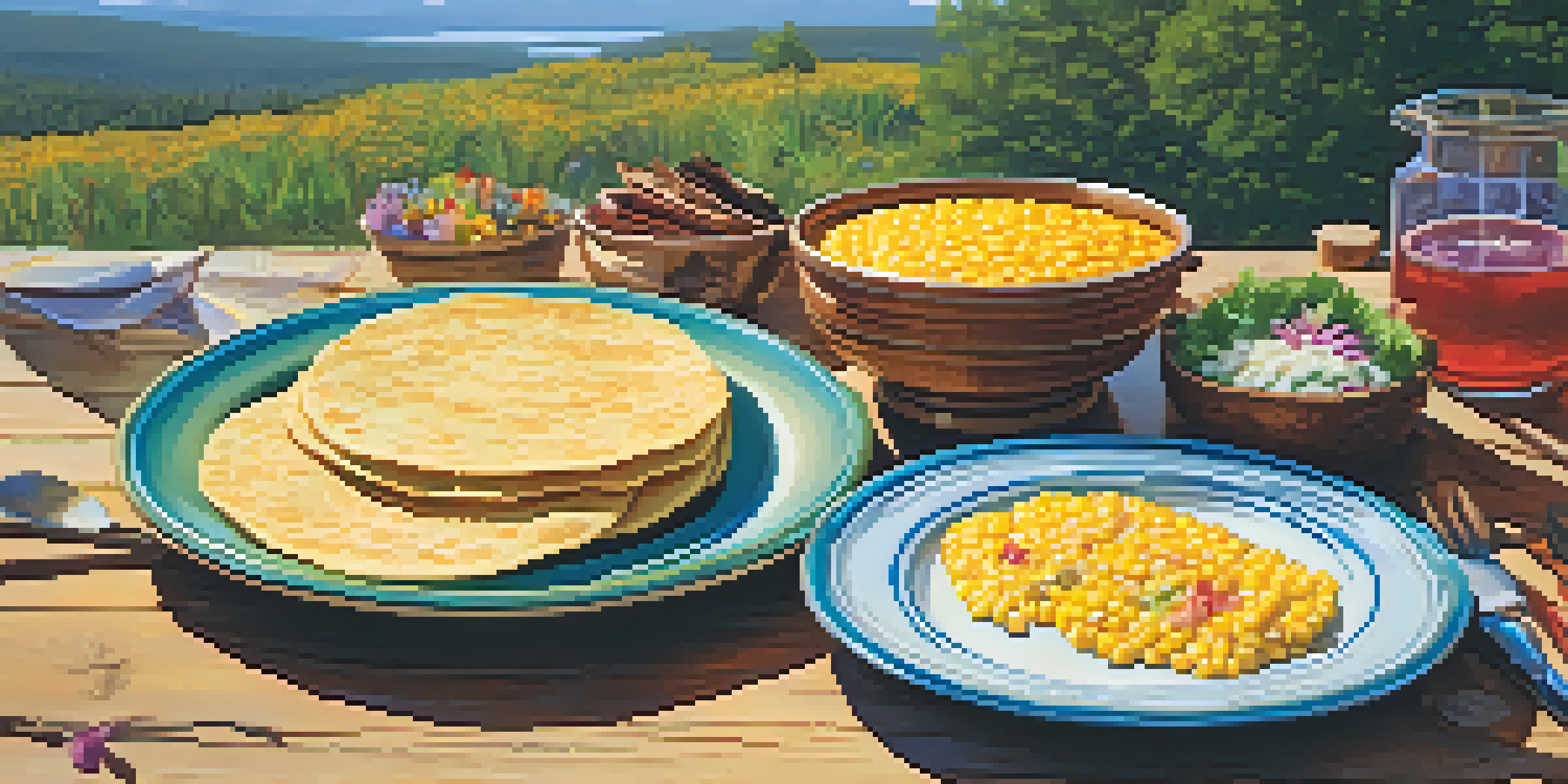 A rustic wooden table with traditional Native American dishes, including corn tortillas and grilled bison steaks, set outdoors with wildflowers in the background.