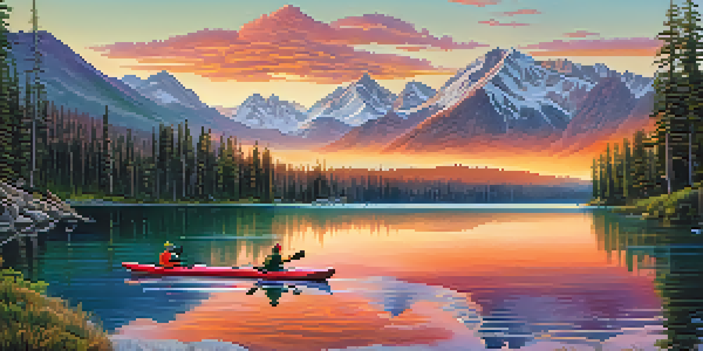A serene sunrise view of the Rocky Mountains with a lake in the foreground and a couple kayaking.