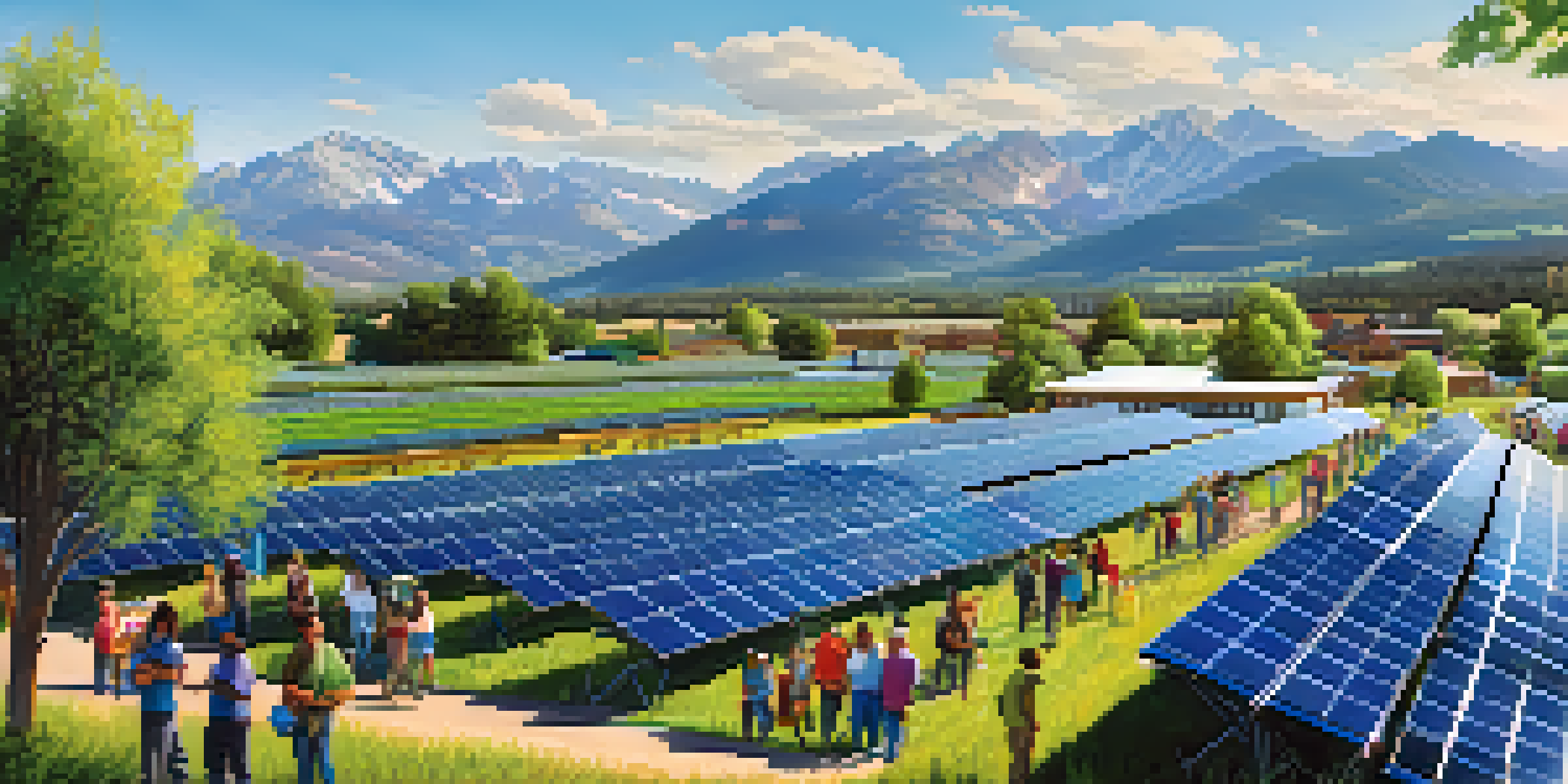 A community solar garden with people discussing among rows of solar panels and mountains in the background.