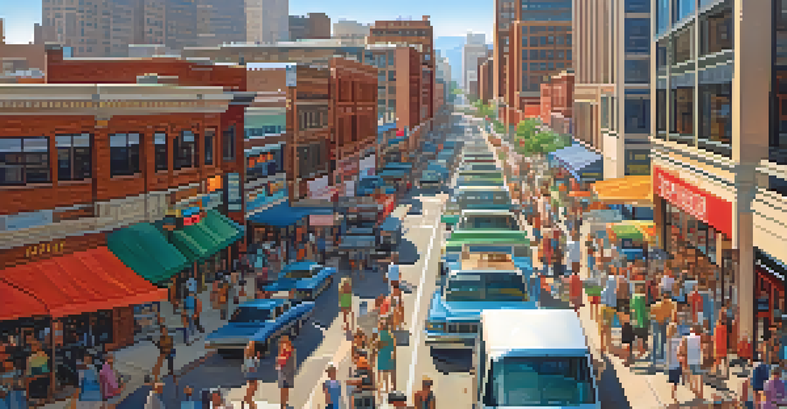 Aerial view of a lively commercial district in Colorado with skyscrapers, busy streets, and colorful storefronts.