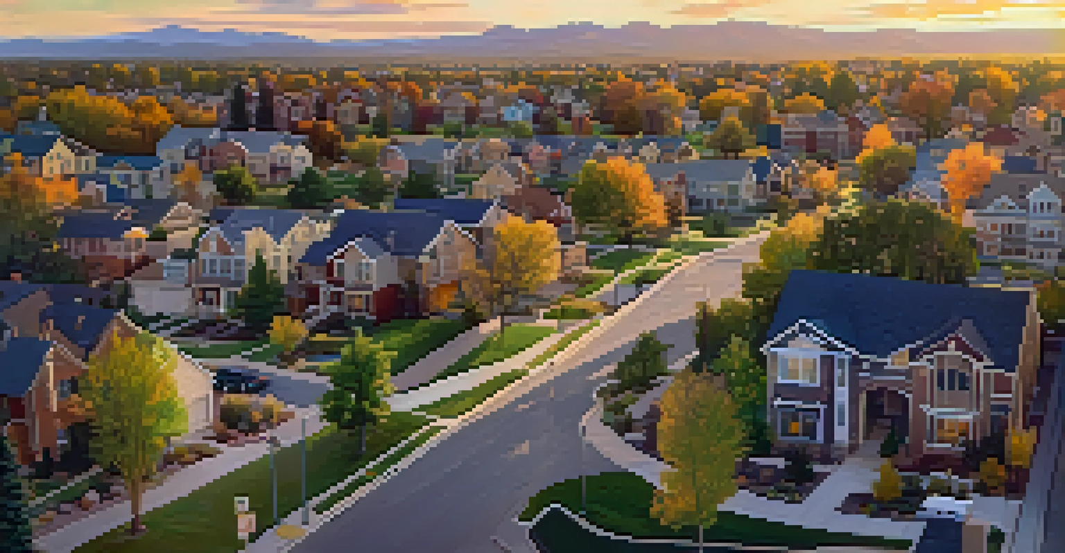 Aerial view of a suburban Colorado neighborhood with diverse houses, parks, and families outdoor under a sunset sky.