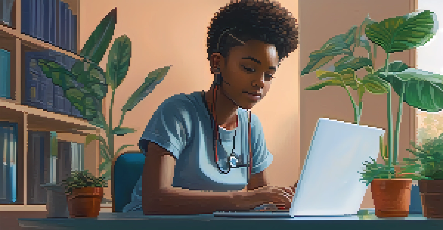 A young person participating in a telehealth session on a laptop at a cozy desk, showing a sense of focus and relief.