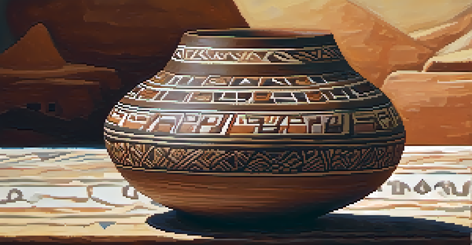 Close-up of Ancestral Puebloan pottery with intricate designs on a wooden table, illuminated by warm lighting.