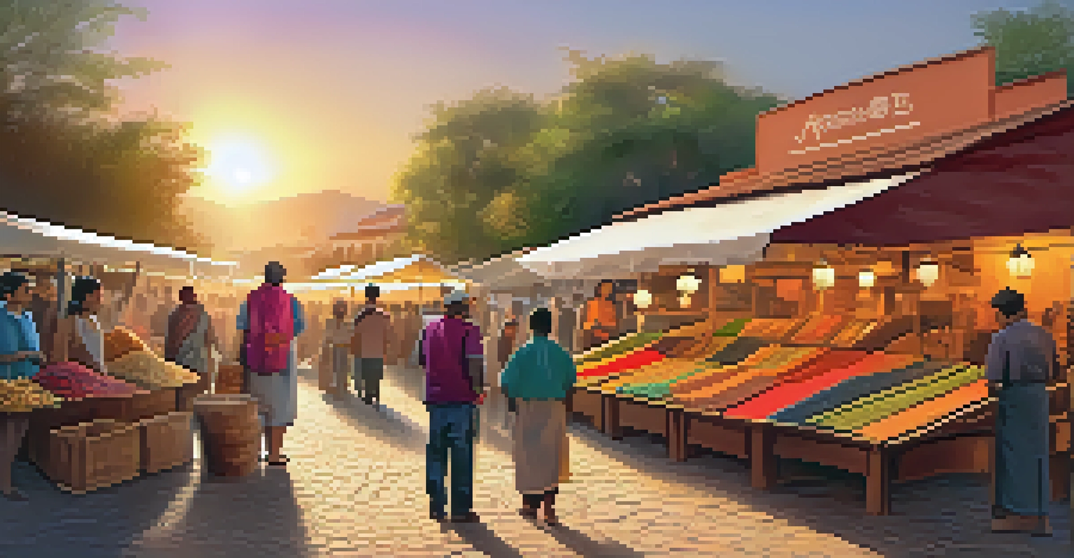 A bustling local market with tourists and artisans, showcasing handmade crafts and colorful stalls under a sunset.