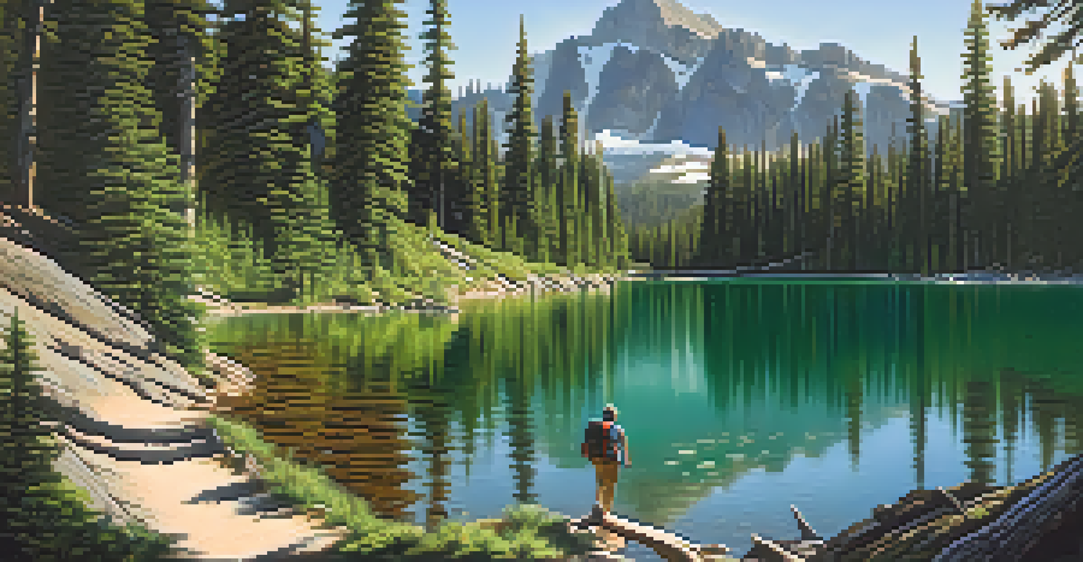 A hiker on the Emerald Lake Trail surrounded by forest and rocky terrain, with an alpine lake in the background.