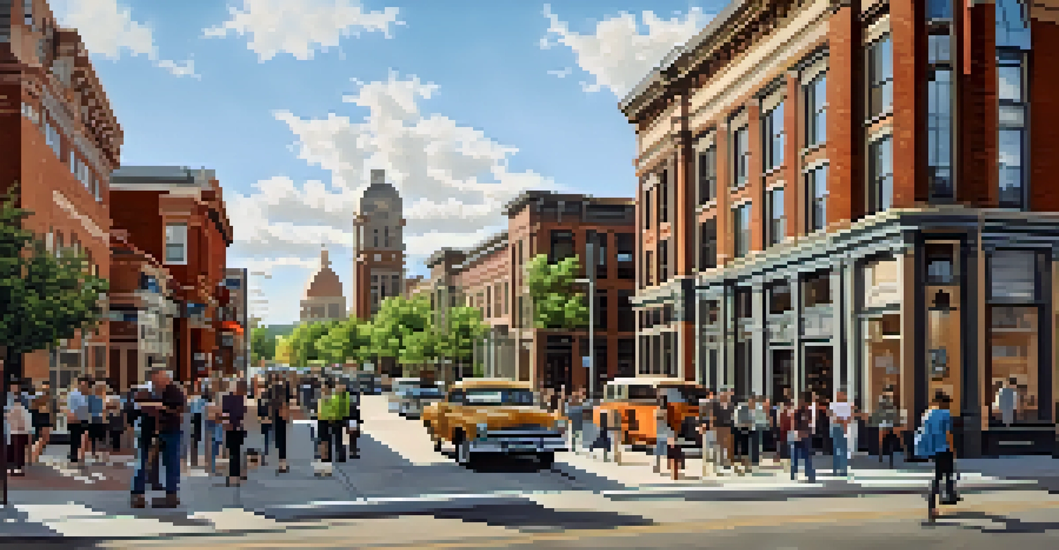 A cityscape showing a historic building next to modern structures in Colorado, with people discussing community heritage.