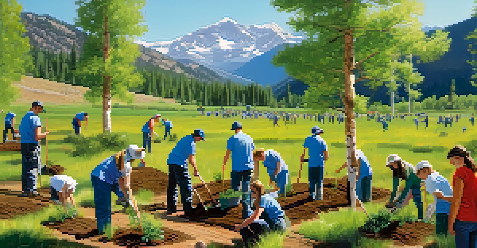 Volunteers planting trees in a beautiful Colorado landscape, with mountains in the background and blue skies above.