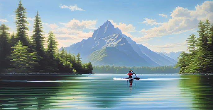 A person standing on a paddleboard in a calm mountain lake, surrounded by green trees and mountains under a bright sky.