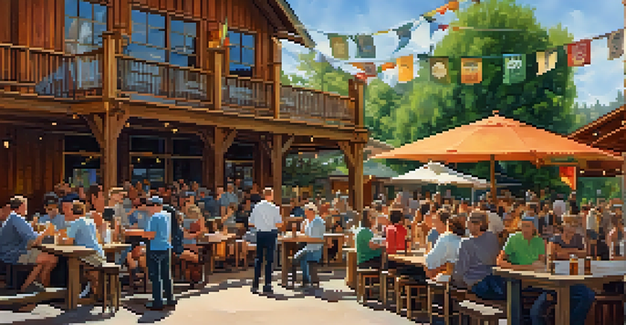 A lively outdoor scene at a Colorado brewery with people enjoying drinks, surrounded by greenery and colorful banners.
