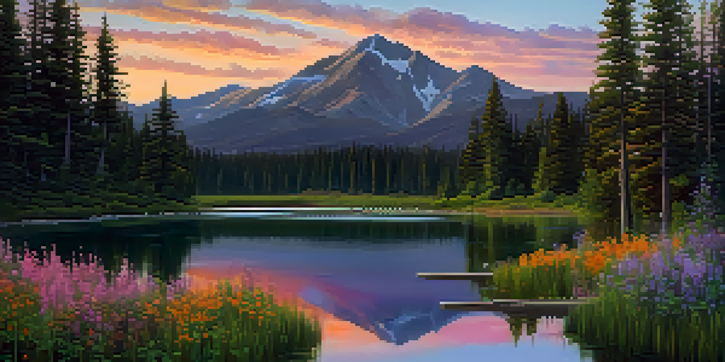 A beautiful mountain landscape in Colorado at sunrise with a calm lake reflecting the colorful sky and lush greenery.